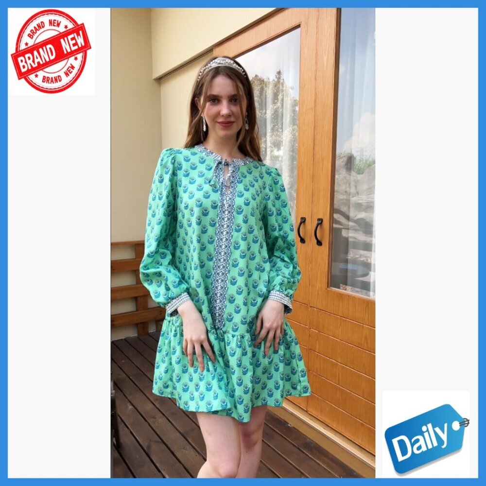 Long Sleeve Mini Dress with Pockets Floral V Neck Loose Fit Boho - Picture 6 of 7